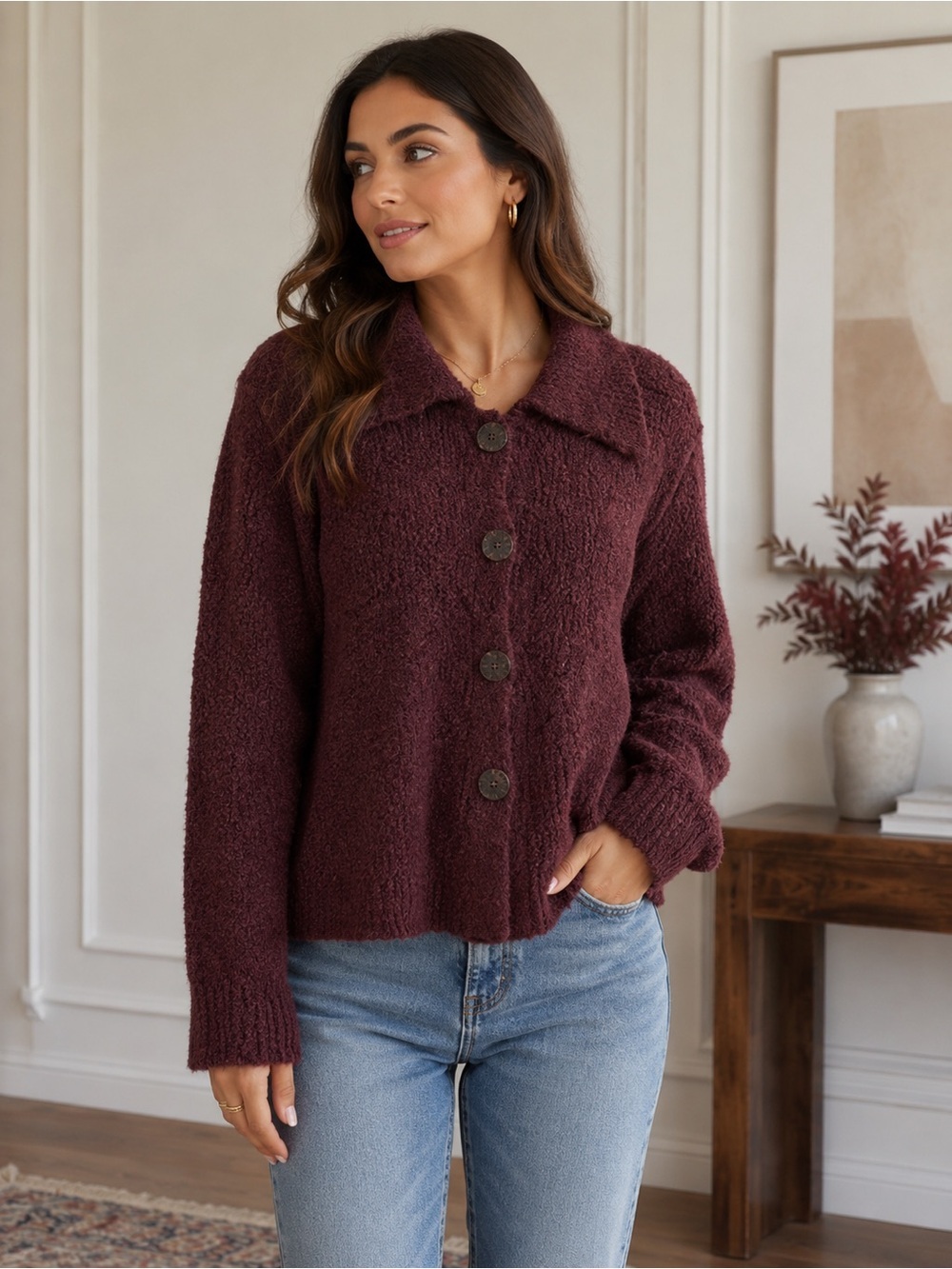 Northern Isles Cranberry Heavy Knit Collared button Down Cardigan Medium stretch